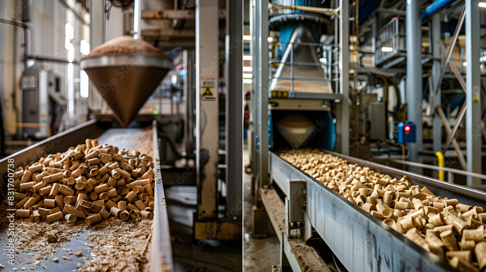 View of wood pellet processing in an industrial facility View of wood pellet processing in an industrial facility