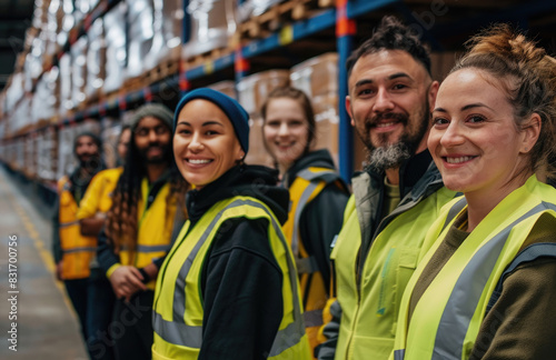 A smiling group of warehouse workers wearing yellow safety vests © Kien