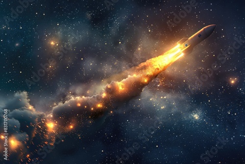 A 3D rocket ship blasting off into space, leaving a trail of fire behind, on a starry night sky background. Ideal for promoting new ventures, product launches, and ambitious goals. photo