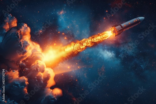 A 3D rocket ship blasting off into space, leaving a trail of fire behind, on a starry night sky background. Ideal for promoting new ventures, product launches, and ambitious goals. photo