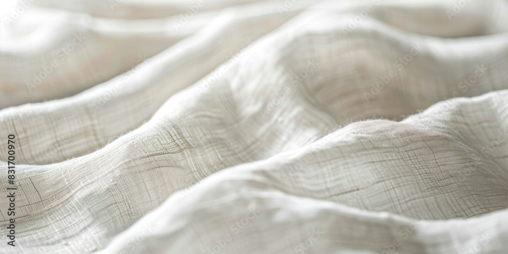 Fototapeta premium The softness of white linen fabric is showcased in a closeup view against a plain background.