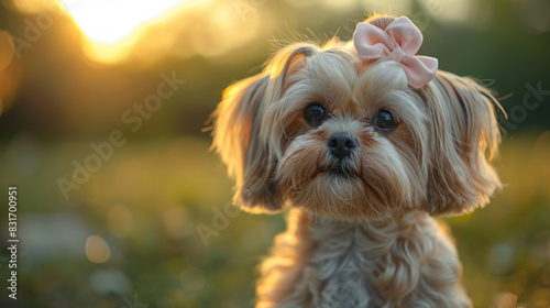 A Shih Tzu with long hair and pink bows stands against a blurred green backdrop, looking at the camera with big eyes.