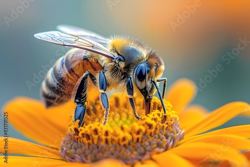 Captivating Macro Shot of a Graceful Bee Perched on a Lush, Vibrant Orange Flower with Intricate Petals and Delicate Stamens, Captured in Stunning