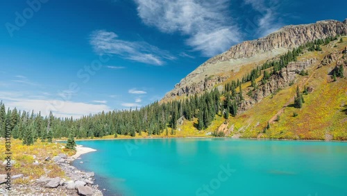 Timelapse, Picturesque Scenery, Turquoise Alpine Lake Under Green Hills and Blue Sky on Sunny Day photo
