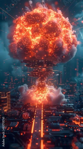 Captivating Technographic Mushroom Cloud Bursting from Interconnected Circuit Board in Retrofuturistic Sci-Fi Setting photo