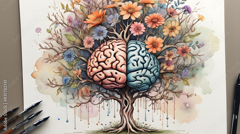 Human brain tree with flowers, self care and mental health concept ...