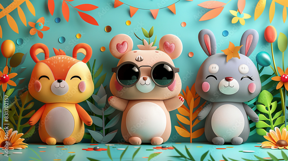 Obraz premium Cute Cartoon Animal Friends in a Colorful Jungle