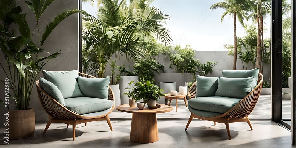 Terrace with outdoor furniture - sofa and armchair. Shade gazebo and palm trees. Exotic backyard garden. Sunny day on the veranda patio. 3d rendering Terrace with outdoor furniture - sofa and armchair. Shade gazebo and palm trees. Exotic backyard garden. Sunny day on the veranda patio. 3d rendering