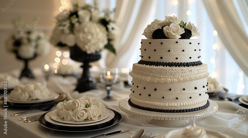 Fototapeta premium A black and white themed party table decorated with a cake, flowers and twinkle lights for a wedding or a fancy birthday party. 