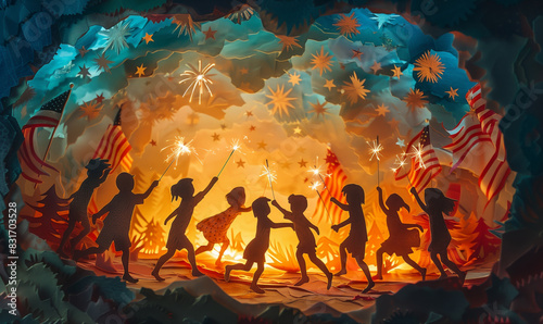 A paper cutout style scene of children running with sparklers and American flags