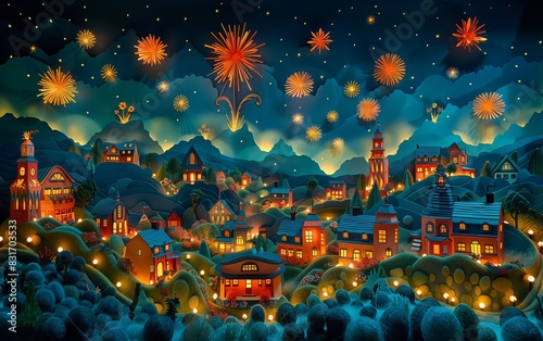 A paper cutout style scene of a village with fireworks lighting up the night sky