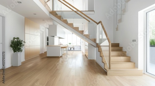 Modern staircase in the house  glass and wood handrail  open space with kitchen area on one side and hallway to other rooms on the other  white walls  interior design photography