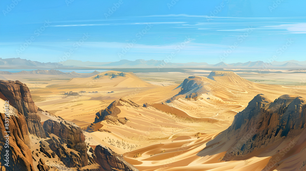 Naklejka premium Silent Sands, blue clear sky, rocks in desert