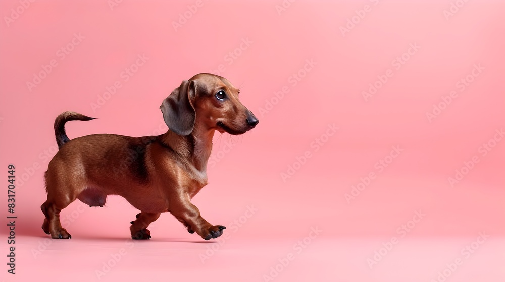 Dachshund Embraces Virtual Life Walks and Texts on Pastel Pink Backdrop