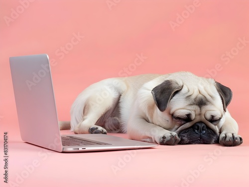 Pug Embraces the Cosmos Dreaming of Space While Using a Laptop on a Clean Pastel Pink Background