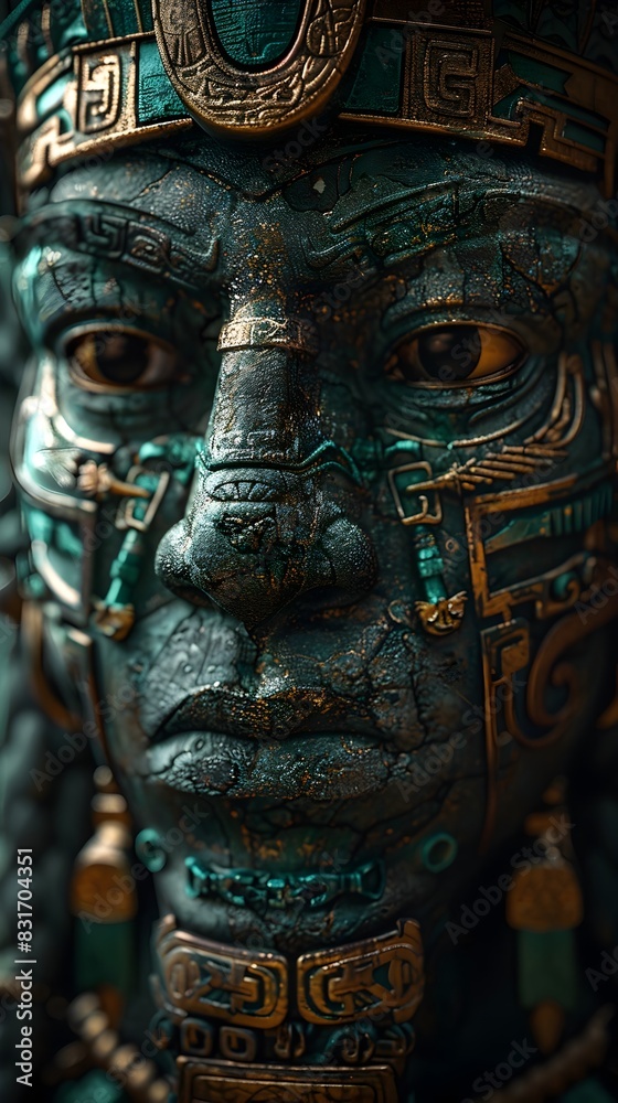Enigmatic Mayan Deity Statue:Captivating Basalt Carving Adorned with Intricate Jewelry in Moody Cinematic Lighting
