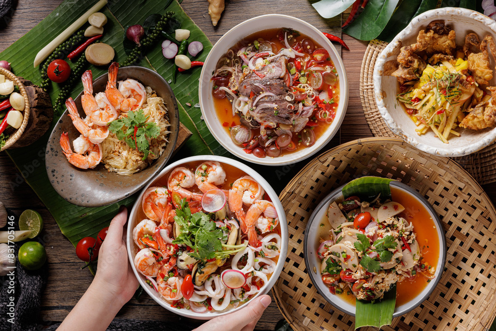 Traditional Thai food on black background, oriental food concept. Top view, flat lay, panorama. Traditional Thai food on black background, oriental food concept. Top view, flat lay, panorama.