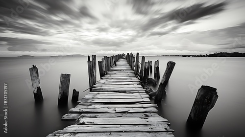 Calm scene in black and white with abandoned jetty at Teluk Tempoyak, Penang, Malaysia. black and white photo