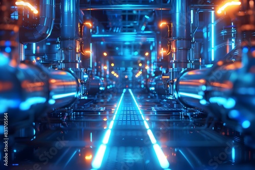 Futuristic Automated Manufacturing Facility with Radiant Blue Energy Conduits and Holographic User Interfaces photo