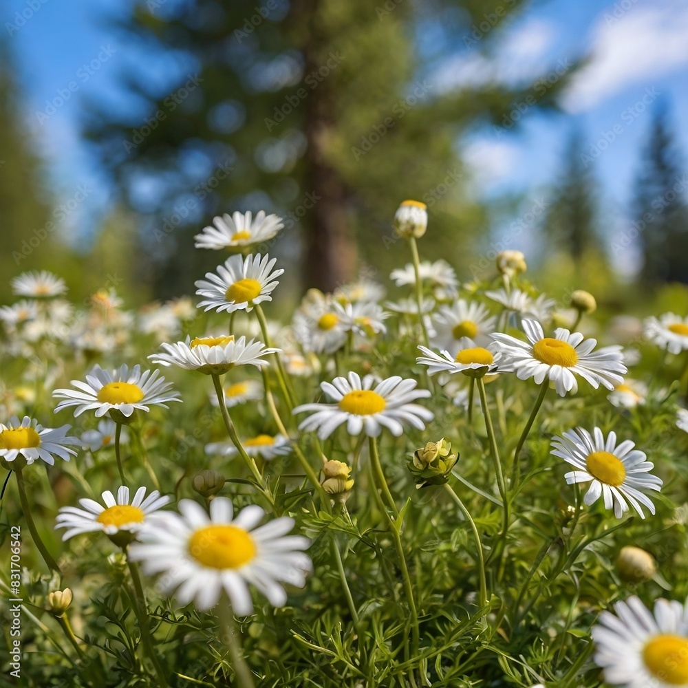 Fototapeta premium Beautiful blurred spring background nature with blooming glade chamomile, trees and blue sky on a sunny day.