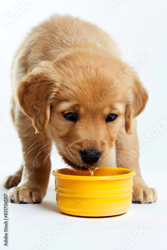 pet dog eating food from bowl dish isolated on background. ai generated