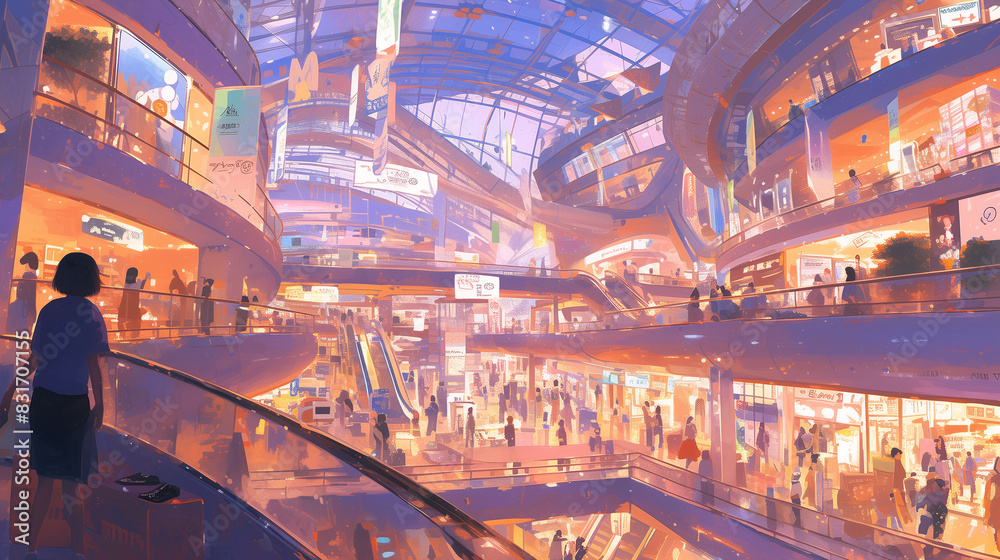 Department store shopping mall scenery, anime style illustration