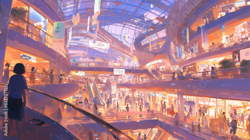 Department store shopping mall scenery, anime style illustration photo