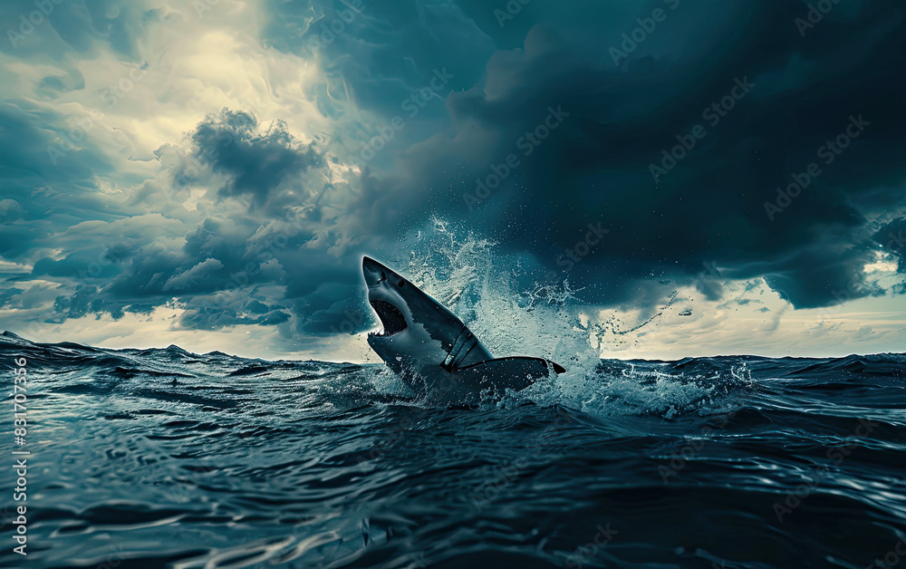 Fototapeta premium Great white shark breaches ocean surface, dramatic stormy sky, and powerful waves in harsh light.