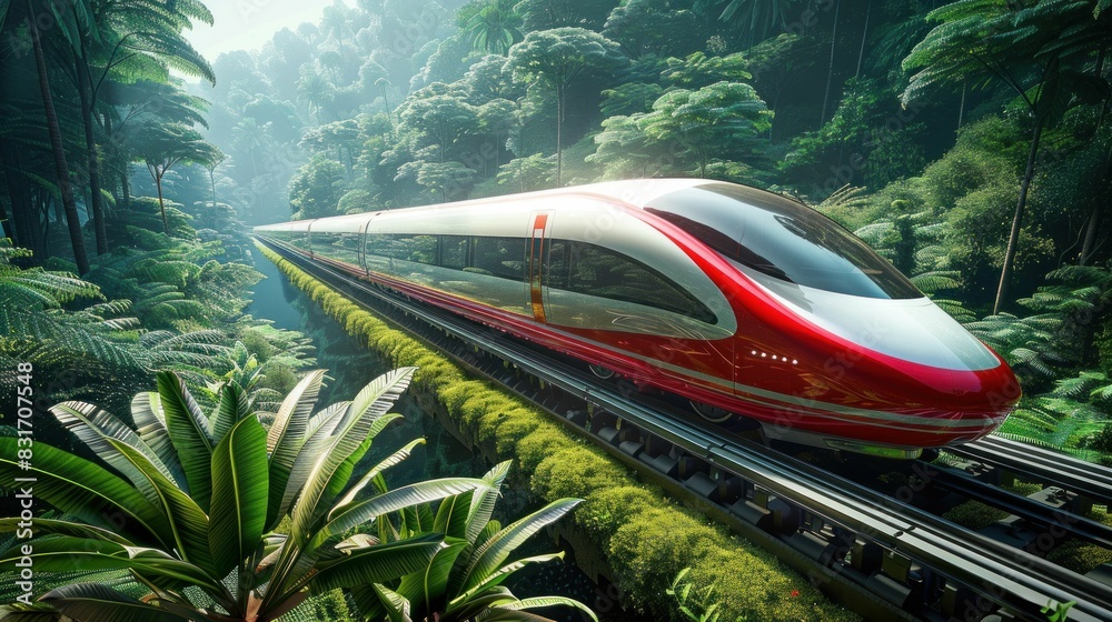 Fototapeta premium High speed train journey through lush tropical rainforest in the jungle paradise