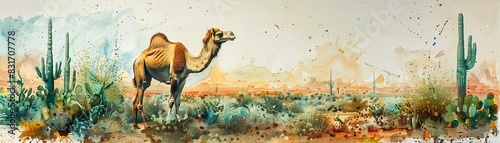 Cactus camel with spiny humps and succulent skin, standing in a vibrant desert landscape, Watercolor, Earthy and Green Tones, Soft Washes, Surreal details photo