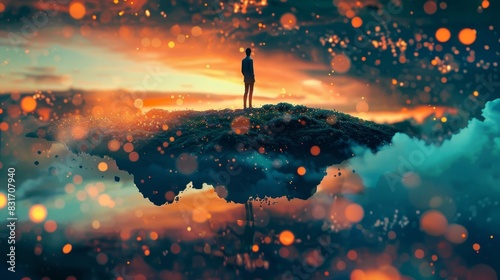 An otherworldly landscape of floating islands with a figure standing on one staring at the endless sky above and contemplating the limitless potential of digital currency. photo