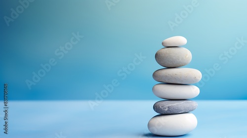 Stones Stack Spirituality Simplicity Background. A stack of white stones on blue abstract background 