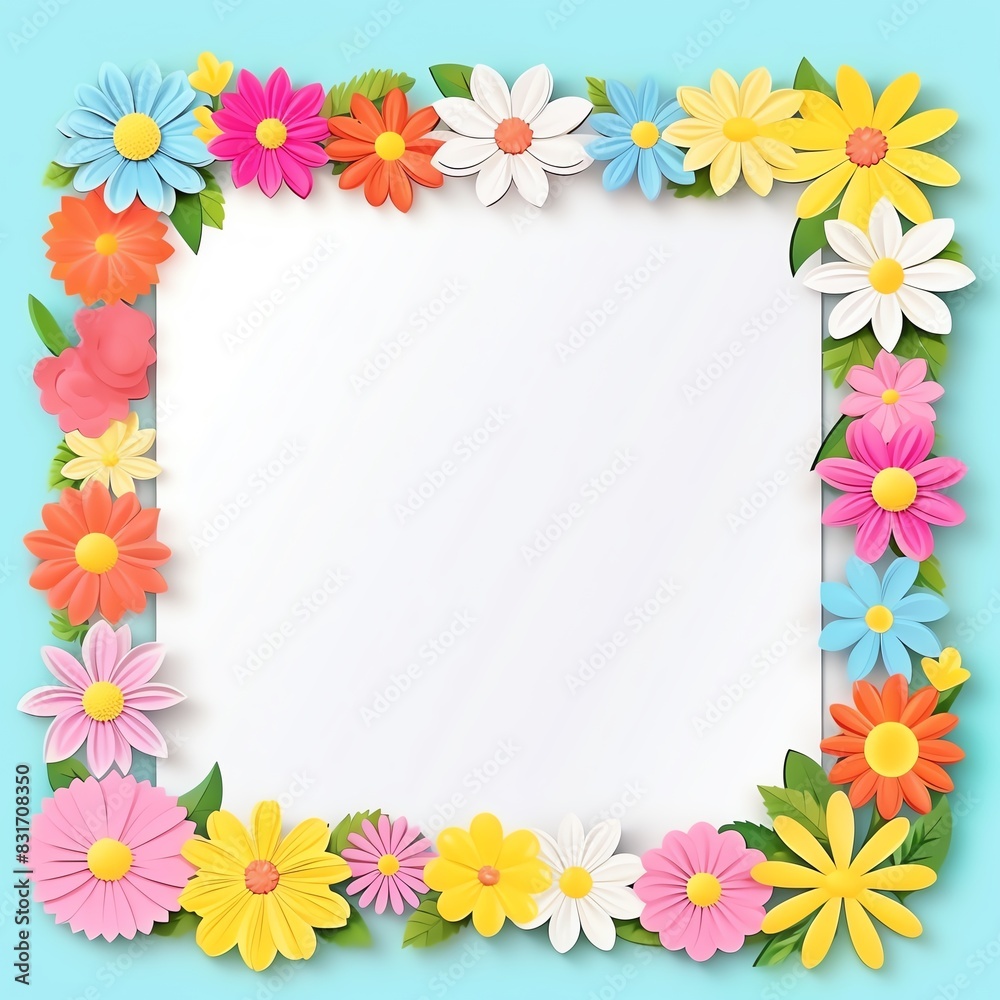 Colorful paper flower frame with a blank white center on a light blue background. Perfect for invitations, cards, and spring themes. Colorful paper flower frame with a blank white center on a light blue background. Perfect for invitations, cards, and spring themes.