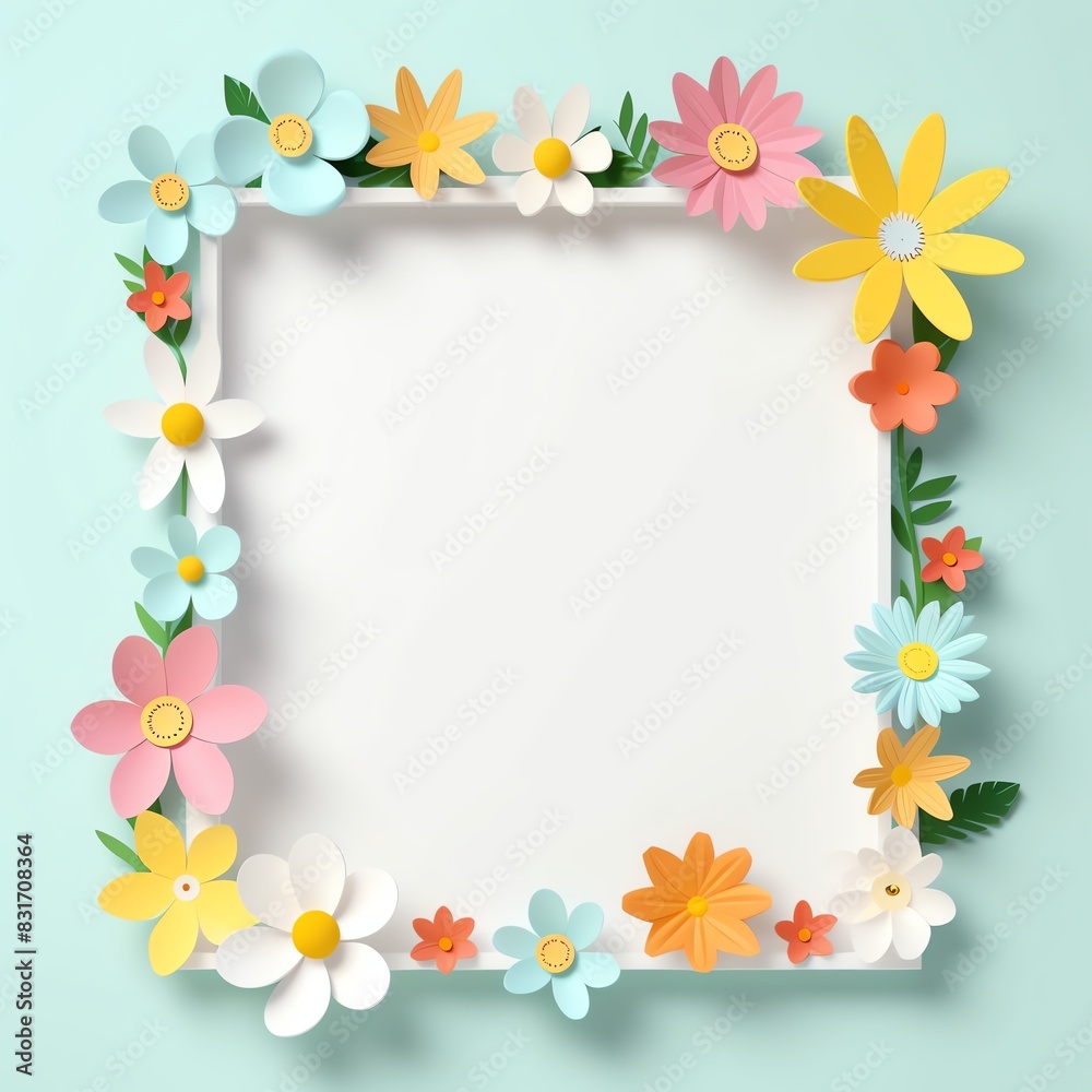 Colorful paper flower frame on light blue background. Perfect for spring and summer themed projects.