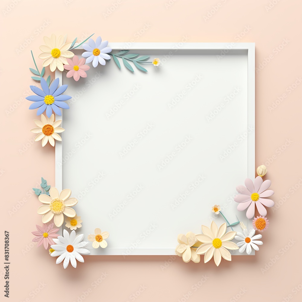 Blank white square frame with pastel floral decorations on a light peach background, perfect for spring and summer-themed designs. Blank white square frame with pastel floral decorations on a light peach background, perfect for spring and summer-themed designs.