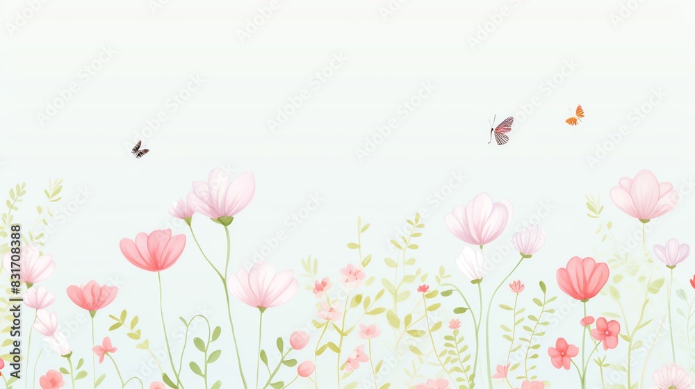 Delicate watercolor illustration of pink flowers and butterflies in a serene garden setting, perfect for spring decor and nature themes.