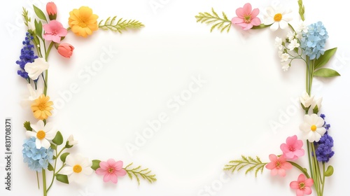 Frame of colorful spring flowers on a white background. Perfect for invitations, greeting cards, or seasonal designs.