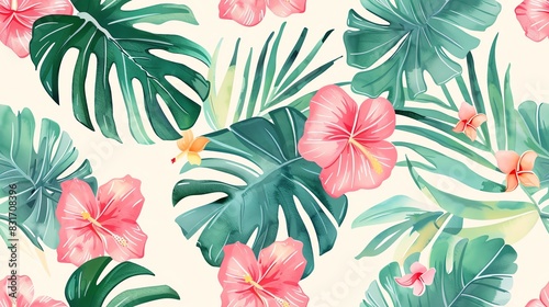 Flat watercolor pastel-colored seamless pattern featuring delicate flowers and leaves, perfect for a serene and charming look