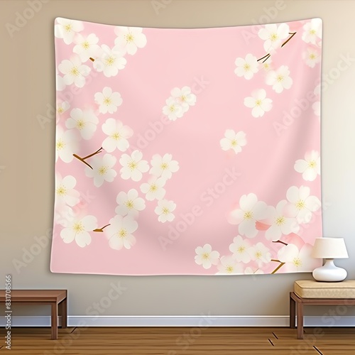 Wall tapestry with delicate white cherry blossoms on a soft pink background, perfect for home decor and adding a touch of nature to any room.