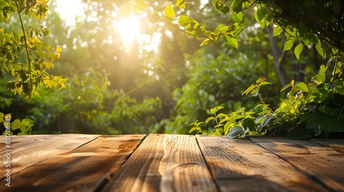 Outdoor spring-summer scene with an empty wooden table and a backdrop of green foliage in sunlight