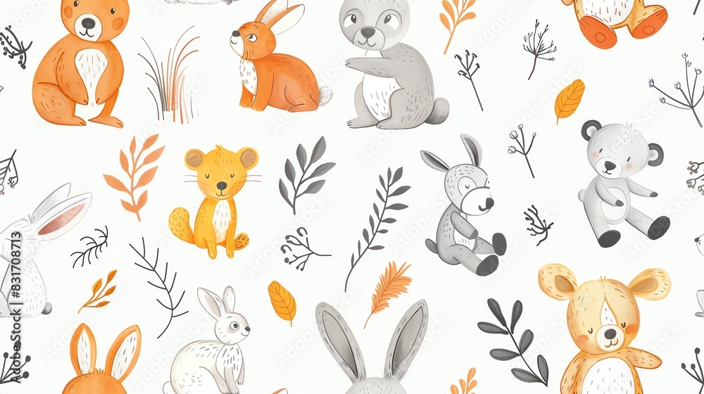 Hand-drawn seamless pattern with adorable cartoon animals like rabbits, bears, and monkeys, creating a whimsical and charming style Hand-drawn seamless pattern with adorable cartoon animals like rabbits, bears, and monkeys, creating a whimsical and charming style