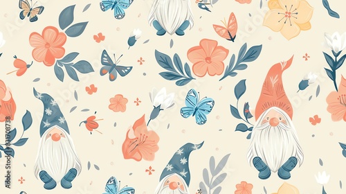 Hand-drawn vector seamless pattern of pastel-colored gnomes with gardening hats and boots, surrounded by blooming flowers and butterflies, creating a delightful and enchanting look photo