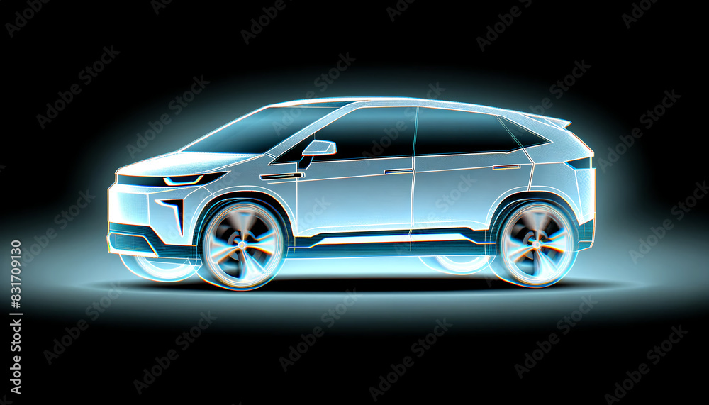 Holographic illustration of a powerful and sophisticated electric SUV side view
