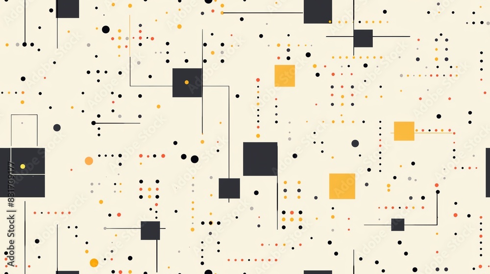 Seamless pattern of minimalistic geometric squares and dots, creating a clean and orderly repeating pattern