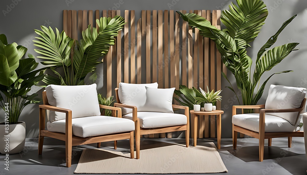  Terrace with outdoor furniture - sofa and armchair. Shade gazebo and palm trees. Exotic backyard garden. Sunny day on the veranda patio. 3d rendering 