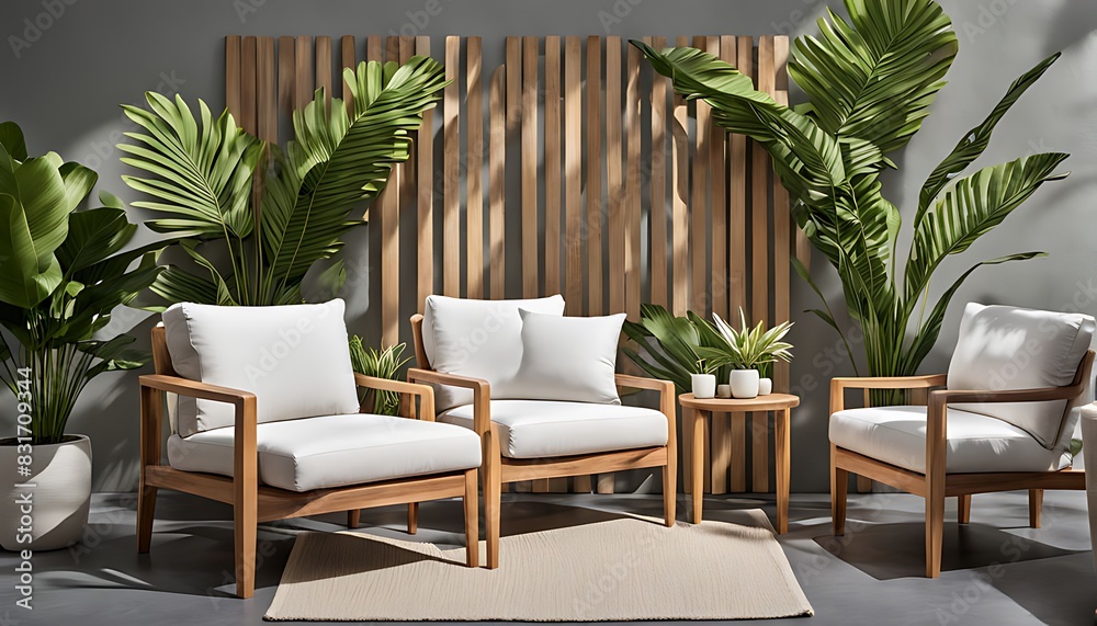 Terrace with outdoor furniture - sofa and armchair. Shade gazebo and palm trees. Exotic backyard garden. Sunny day on the veranda patio. 3d rendering Terrace with outdoor furniture - sofa and armchair. Shade gazebo and palm trees. Exotic backyard garden. Sunny day on the veranda patio. 3d rendering