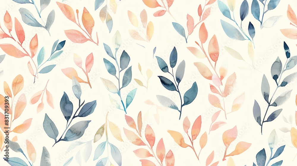Watercolor seamless pattern with delicate hand-drawn leaves in different shapes and sizes, showcasing a gentle and organic style Watercolor seamless pattern with delicate hand-drawn leaves in different shapes and sizes, showcasing a gentle and organic style