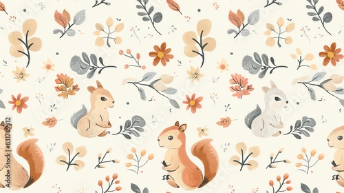 Soft pastel-colored seamless pattern with hand-drawn leaves, small flowers, and squirrels, showcasing a harmonious and whimsical design