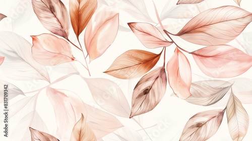 Soft pastel-colored seamless pattern with hand-drawn leaves, small flowers, and squirrels, showcasing a harmonious and whimsical design