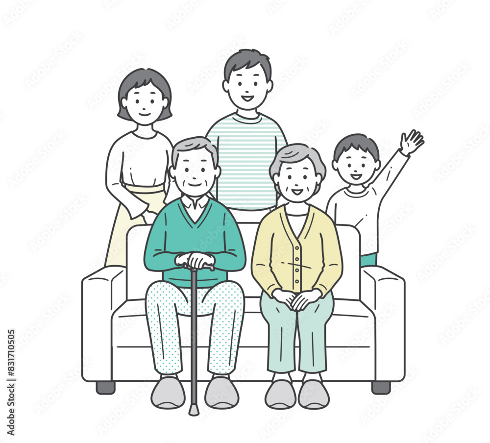 ソファに座る高齢夫婦とその家族が集合した全身イラスト